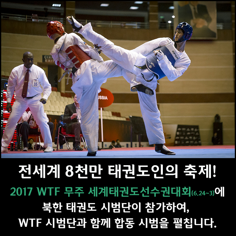 전세계 8천만 태권도인의 축제! 2017 WTF무주 세계태권도선수권대회에 북한 태권도 시범단이 참가하여, WTF 시범단과 함께 합동 시범을 펼칩니다.