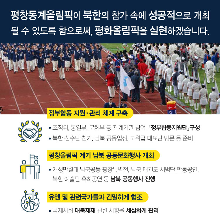 평창동계올림픽이 북한의 참가 속에 성공적으로 개최 될 수 있도록 함으로써, 평화올림픽을 실현하겠습니다.
정부합동 지원·관리 체계 구축
평창올림픽 계기 남북 공동문화행사 개최
유엔 및 관련국가들과 긴밀하게 협조