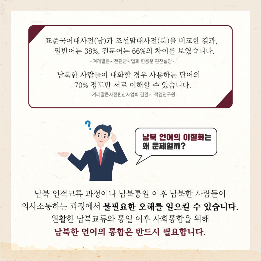 남북 인적교류 과정이나 남북통일 이후 남북한 사람들이 의사소통하는 과정에서 불필요한 오해를 일으킬 수 있습니다.
원활한 남북교류와 통일 이후 사회통합을 위해 남북한 언어의 통합은 반드시 필요합니다.
