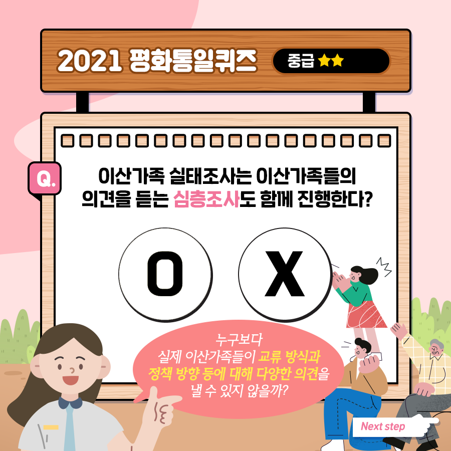 2021 평화통일퀴즈 중급
Q.이산가족 실태조사는 이산가족들의 의견을 듣는 심층조사도 함께 진행한다?
O X 누구보다 실제 이산가족들이 교류방식을 정책 방향 등에 대해 다양한 의견을 낼 수 있지 않을까?